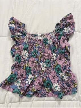 Girls Lavender Floral Smocked Top with Flutter Sleeves